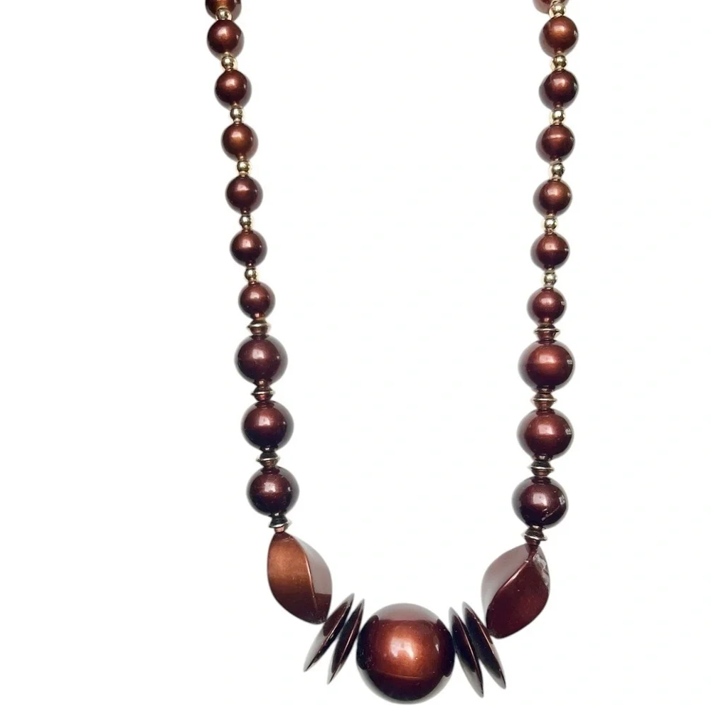 Vintage Brown Copper Chunky Beaded Retro Statement Necklace